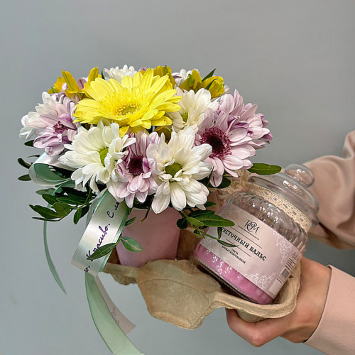 Сет "Цветочный вальс". Набор стаканчик с цветами и аромасвечой в банке арт. 70397