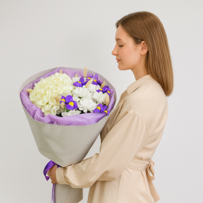 Букет с гортензией и ирисами N 84696