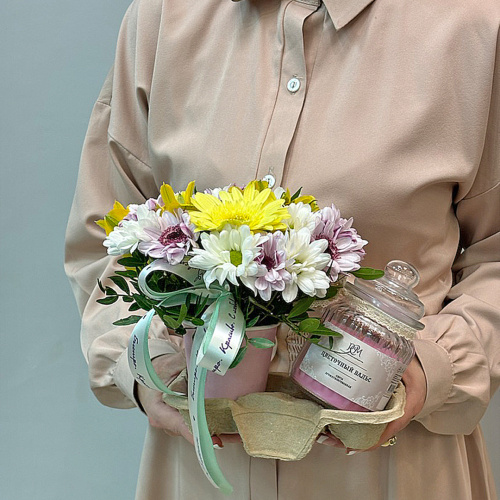 Сет "Цветочный вальс". Набор стаканчик с цветами и аромасвечой в банке арт. 70397